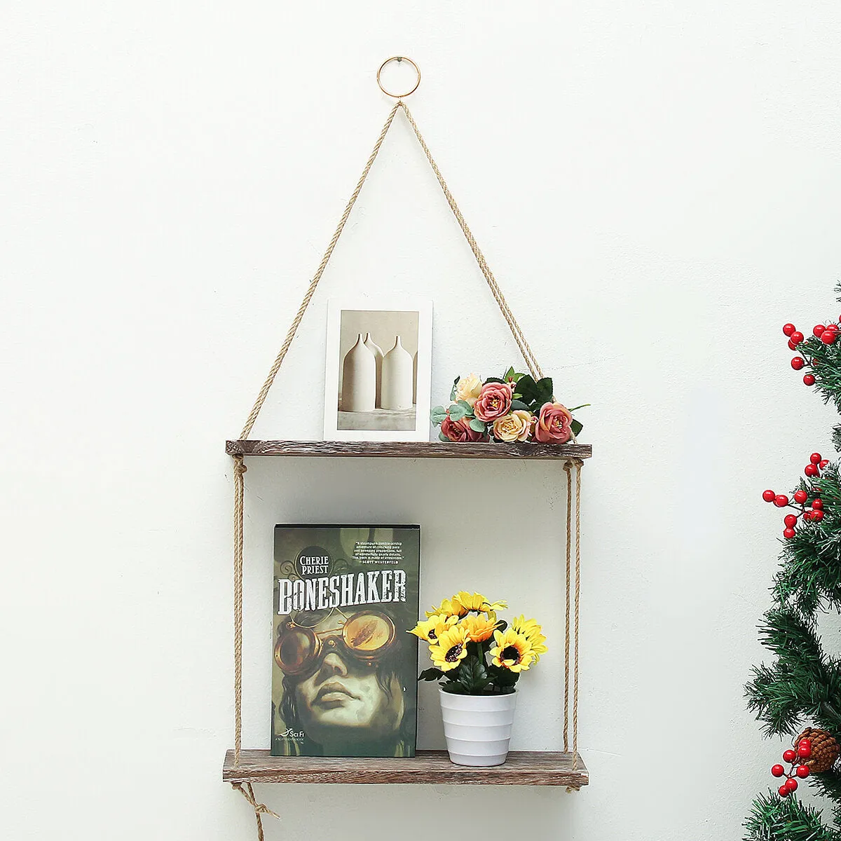 1/2/3 Tiers Wall Mounted Storage Holder Wooden Hanging Rope Shelf Floating Rack