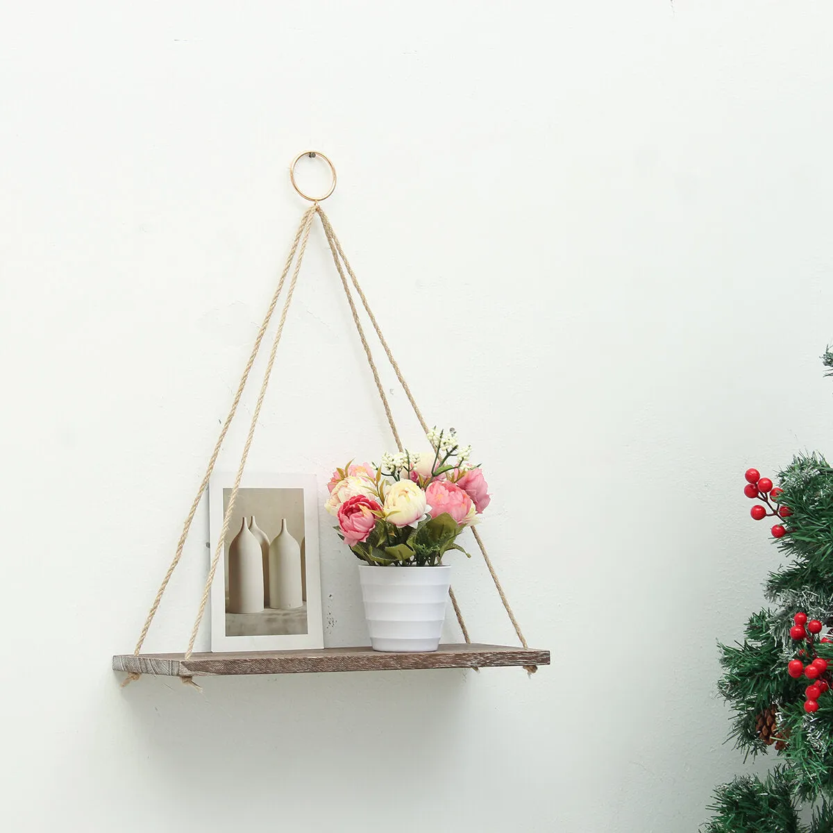 1/2/3 Tiers Wall Mounted Storage Holder Wooden Hanging Rope Shelf Floating Rack