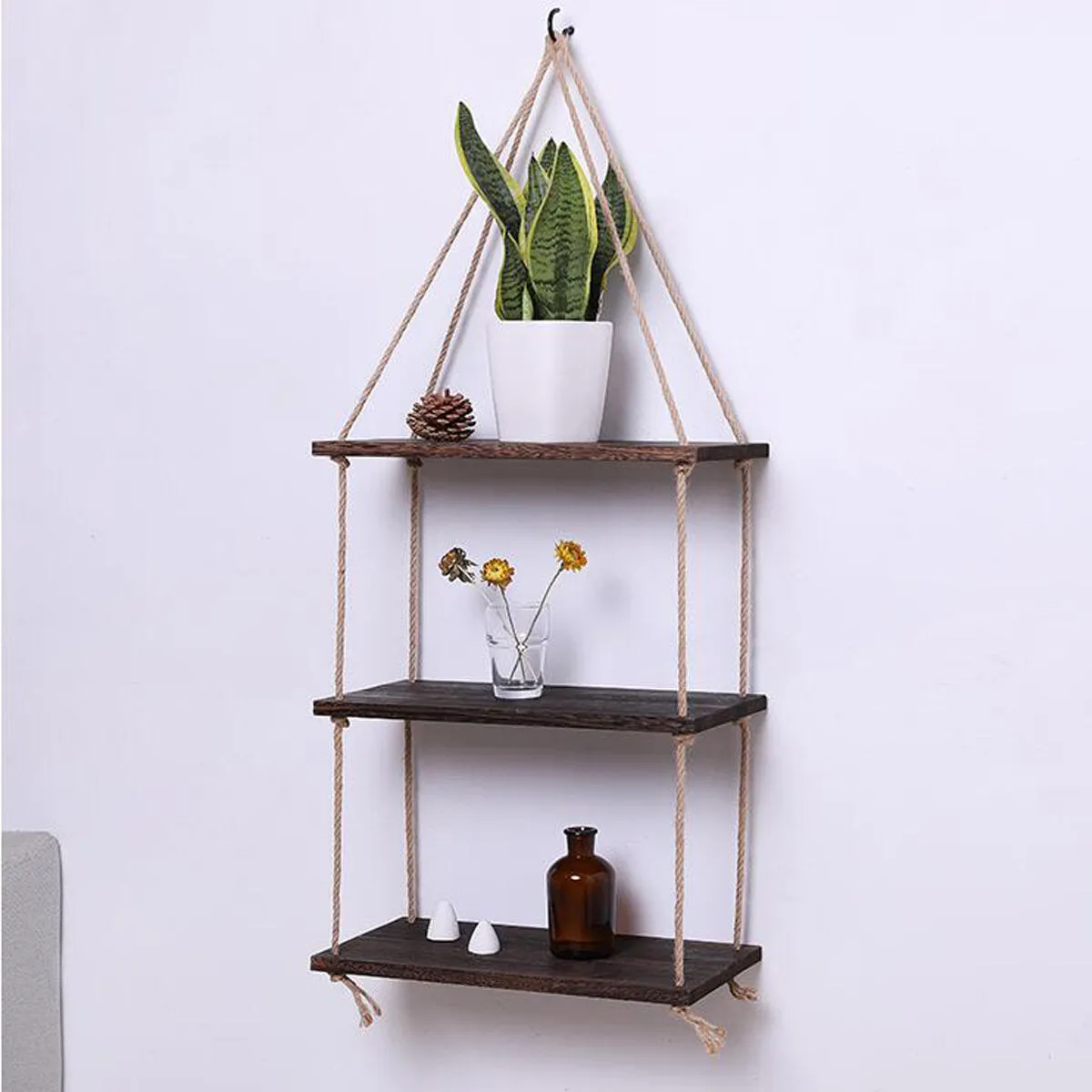1/2/3 Tiers Wall Mounted Storage Holder Wooden Hanging Rope Shelf Floating Rack