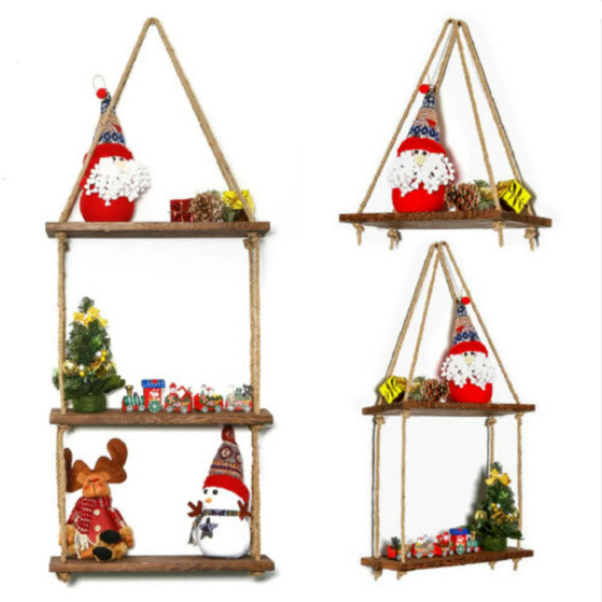 1/2/3 Tiers Wall Mounted Storage Holder Wooden Hanging Rope Shelf Floating Rack