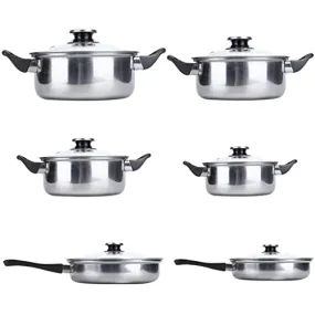 6 Piece Stainless Steel Cooking Pot & Pan Sets Cookware Set Kitchen Safe Saucepan Casserole Pan Glass Lid Pans