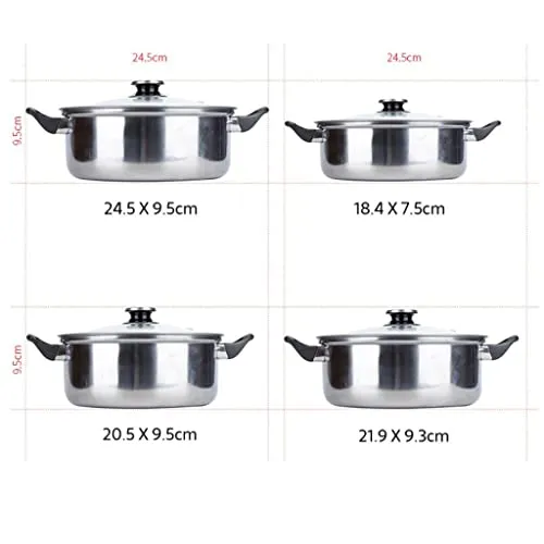 6 Piece Stainless Steel Cooking Pot & Pan Sets Cookware Set Kitchen Safe Saucepan Casserole Pan Glass Lid Pans