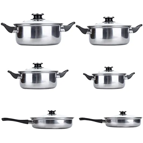 6 Piece Stainless Steel Cooking Pot & Pan Sets Cookware Set Kitchen Safe Saucepan Casserole Pan Glass Lid Pans