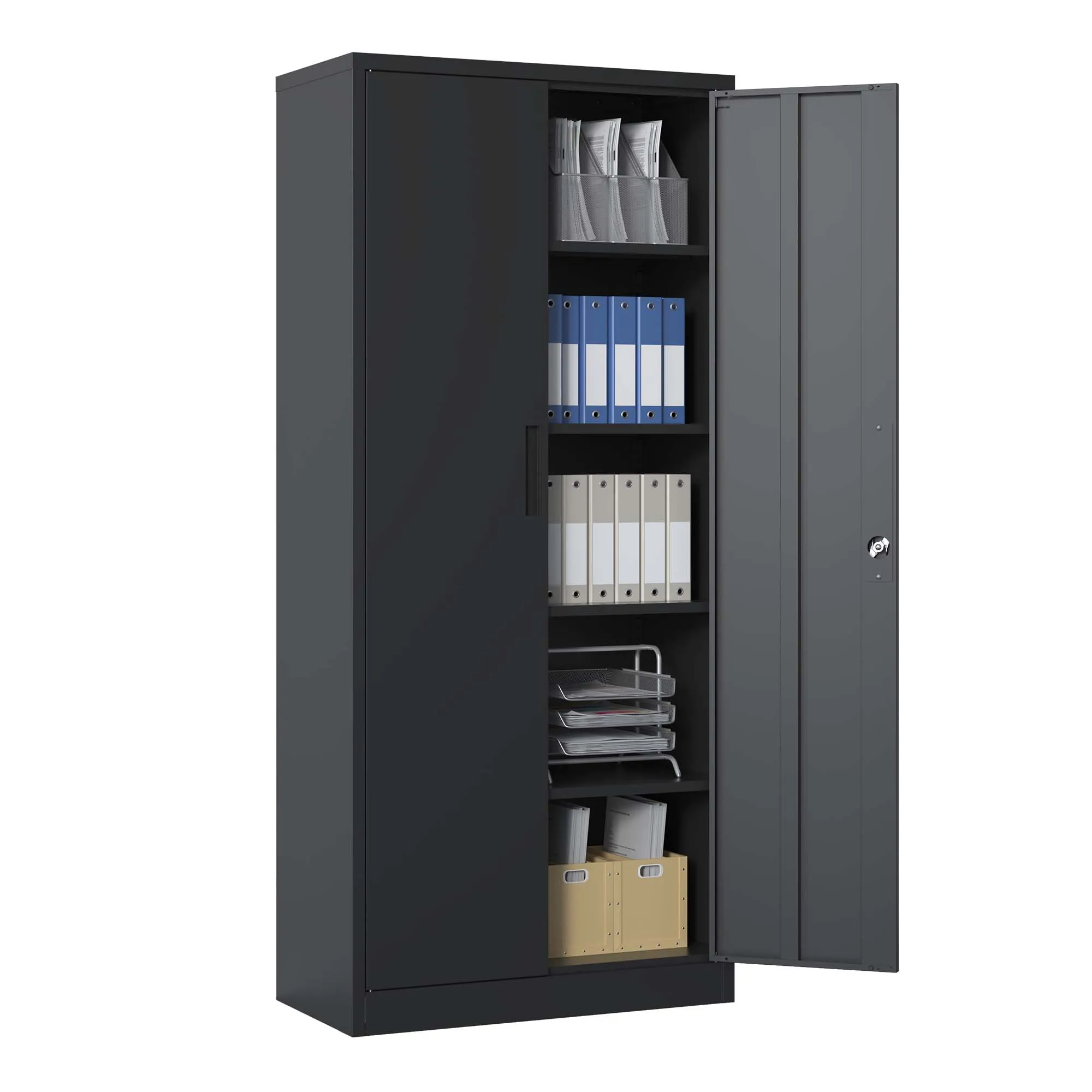 72"H Metal Garage Storage Cabinet, Black Steel Tool Locking Cabinet, 4 Shelves, Tall Cabinet for Garage Systems, Lockable File Cabinet for Home Office, Classroom/Pantry