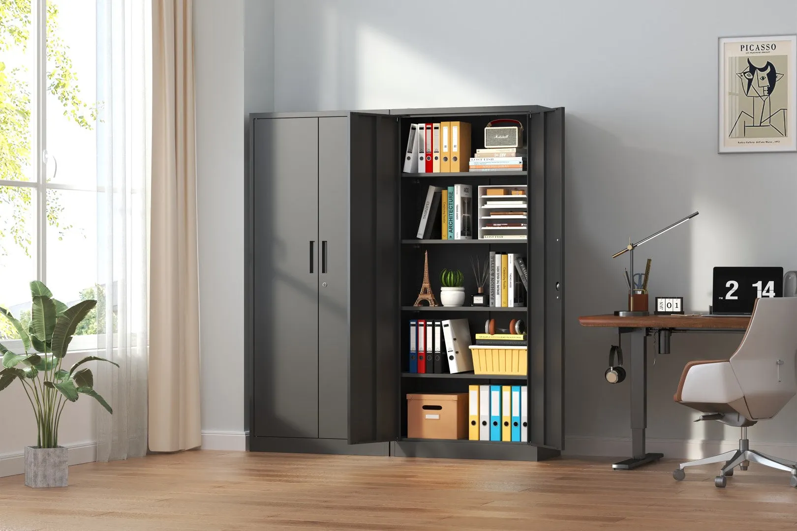 72"H Metal Garage Storage Cabinet, Black Steel Tool Locking Cabinet, 4 Shelves, Tall Cabinet for Garage Systems, Lockable File Cabinet for Home Office, Classroom/Pantry