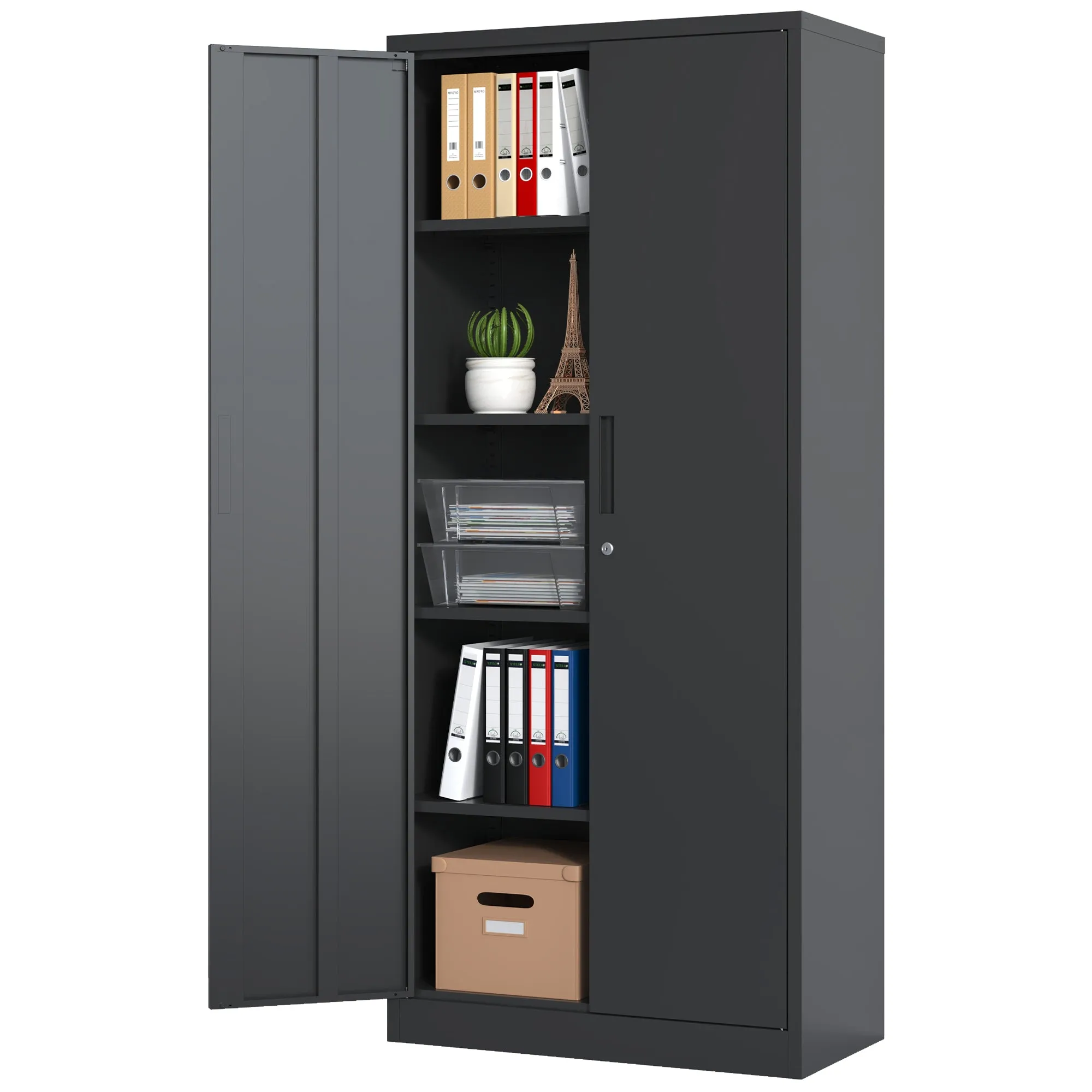 72"H Metal Garage Storage Cabinet, Black Steel Tool Locking Cabinet, 4 Shelves, Tall Cabinet for Garage Systems, Lockable File Cabinet for Home Office, Classroom/Pantry