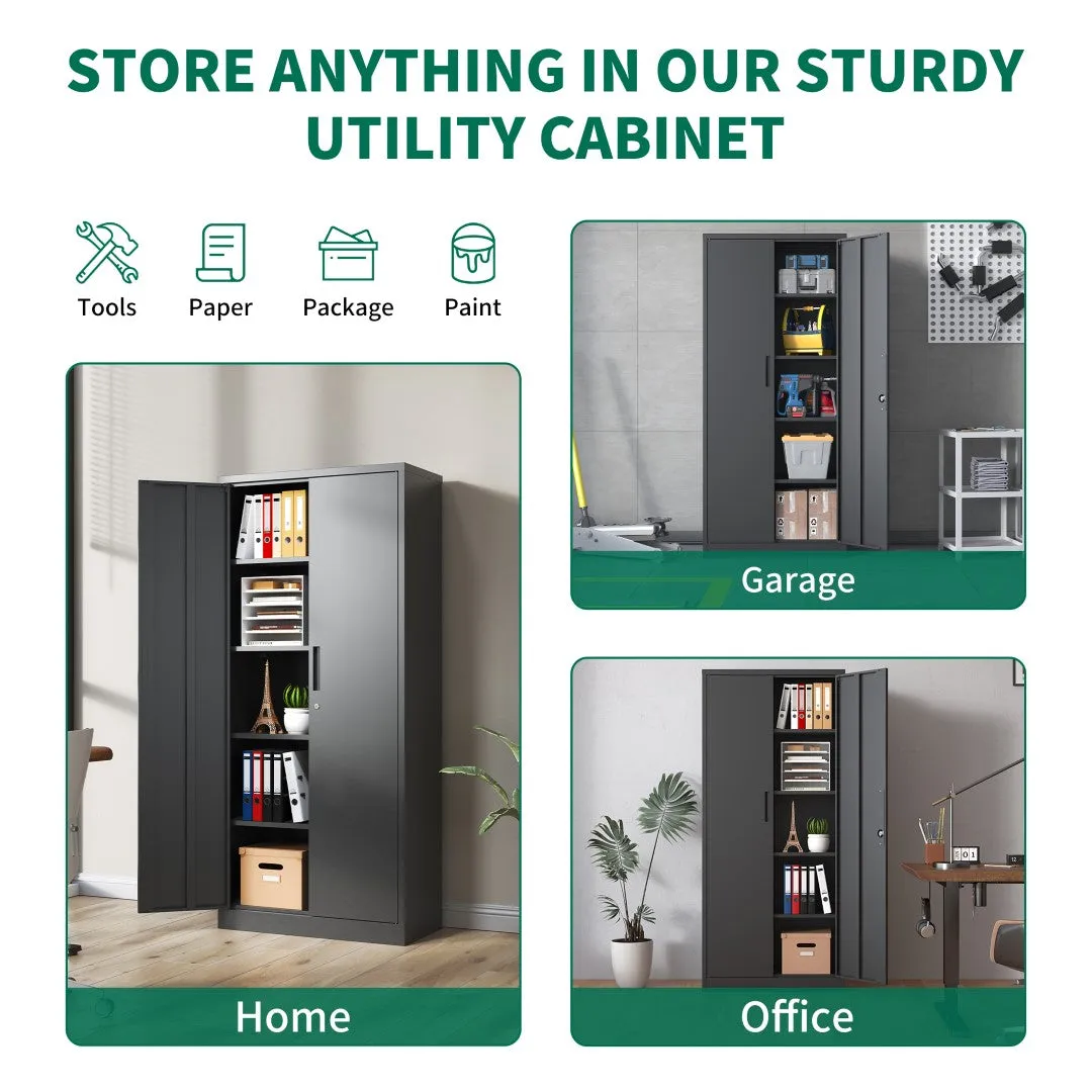 72"H Metal Garage Storage Cabinet, Black Steel Tool Locking Cabinet, 4 Shelves, Tall Cabinet for Garage Systems, Lockable File Cabinet for Home Office, Classroom/Pantry