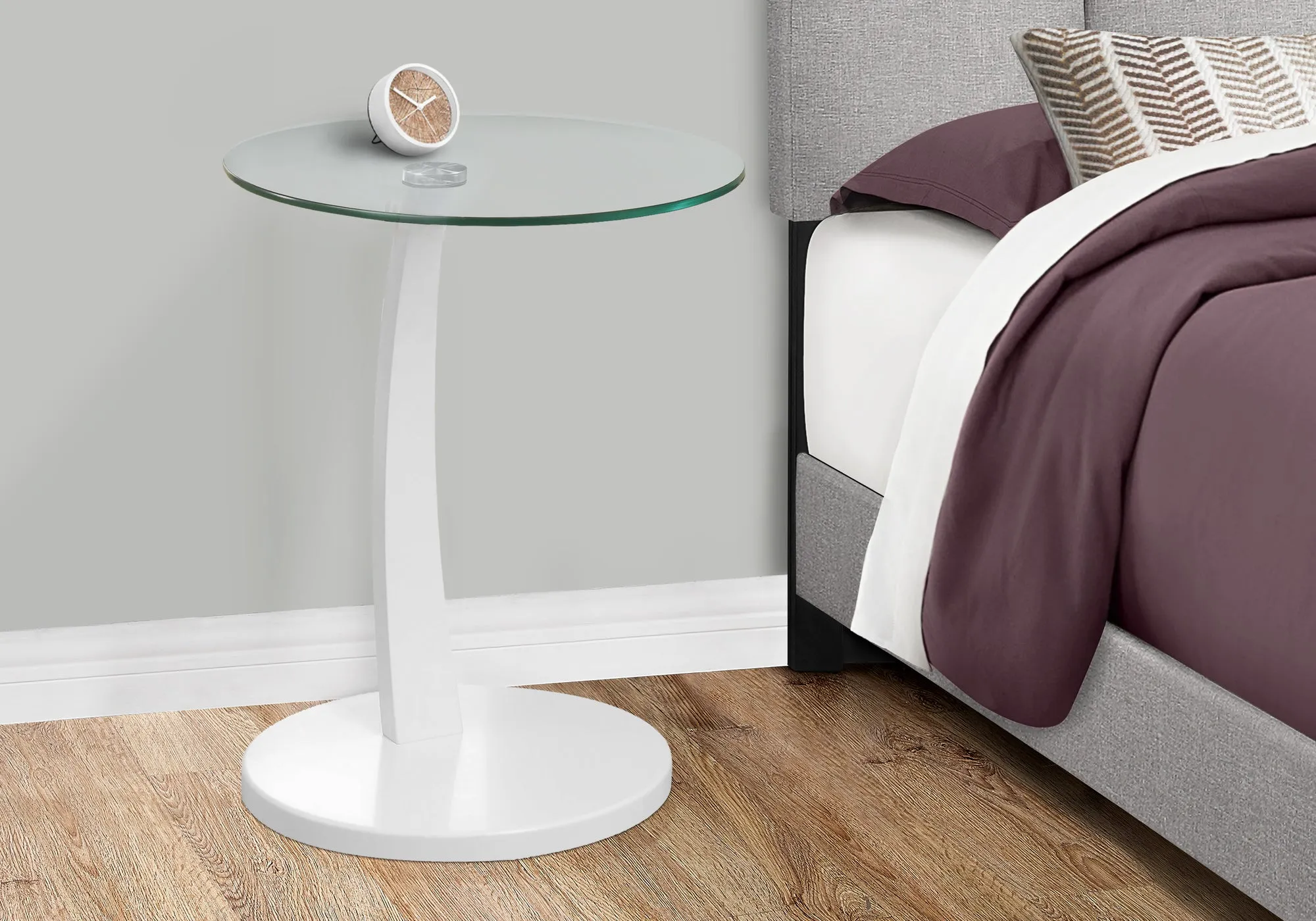 Accent Table, C-shaped, End, Side, Snack, Living Room, Bedroom, Clear Tempered Glass, White Laminate, Contemporary, Modern