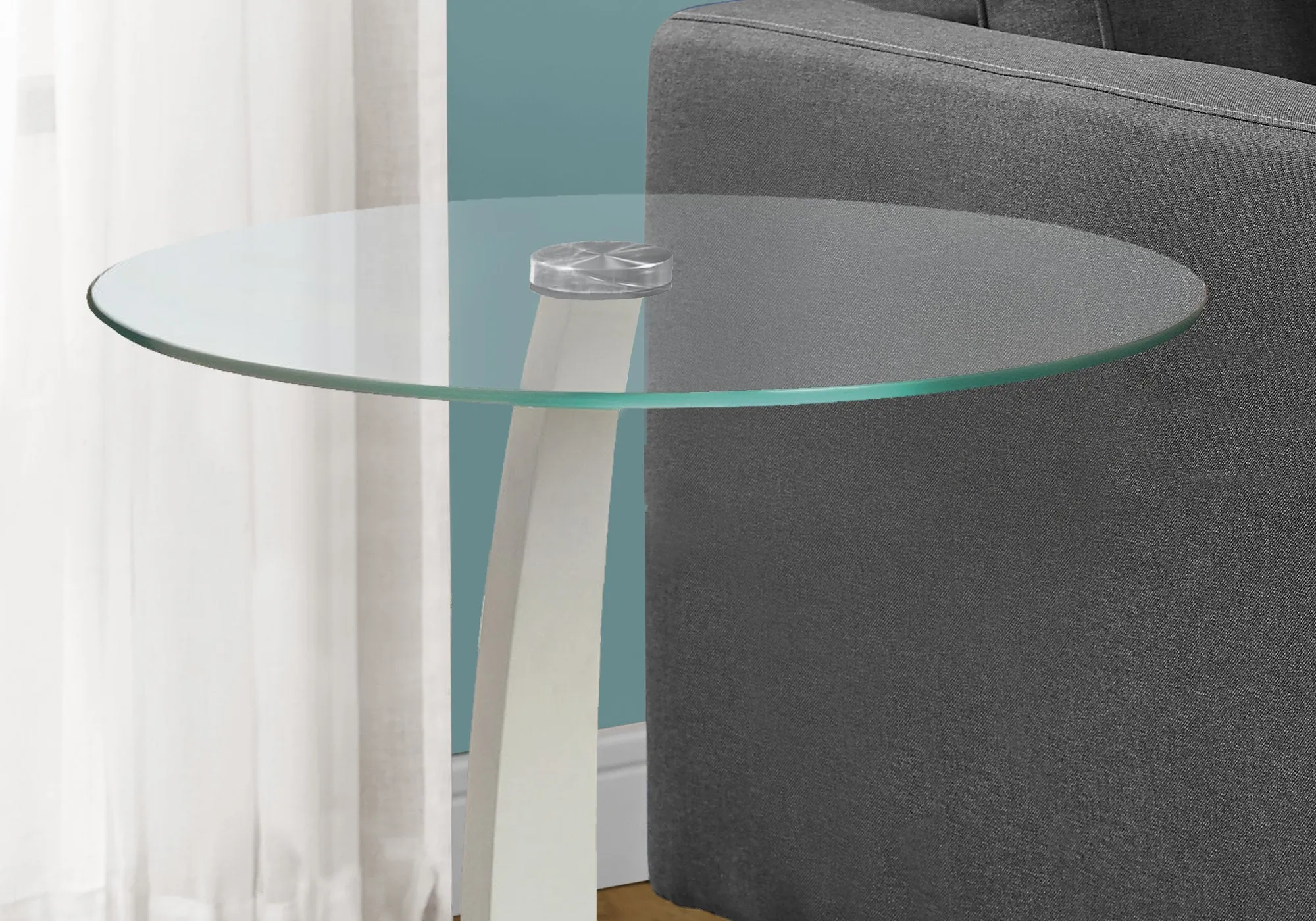 Accent Table, C-shaped, End, Side, Snack, Living Room, Bedroom, Clear Tempered Glass, White Laminate, Contemporary, Modern