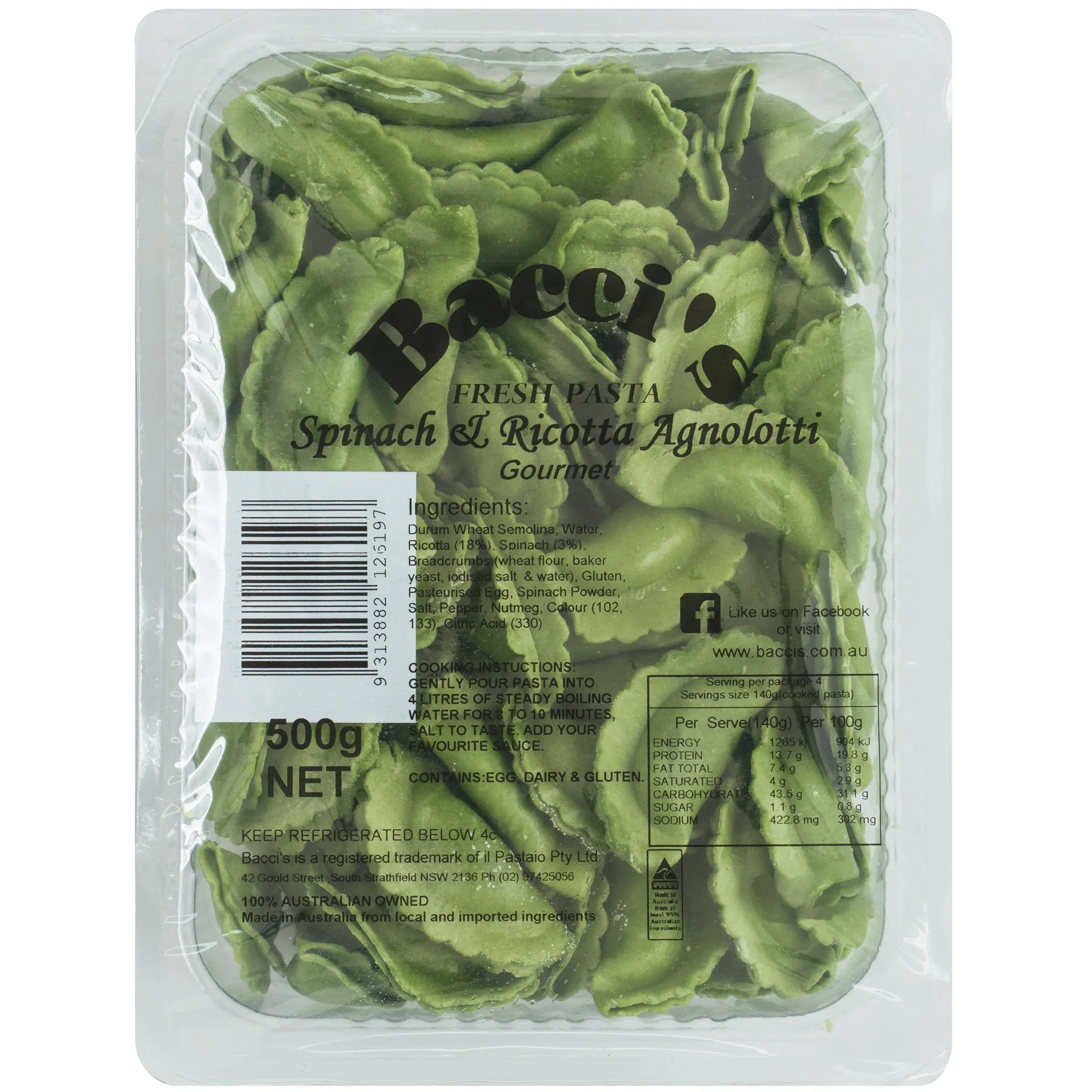 Baccis Fresh Pasta Agnolotti Spinach Ricotta 500g