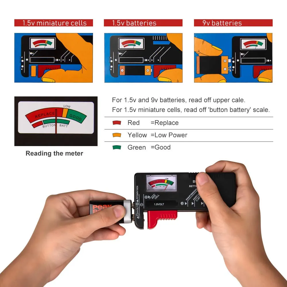 Battery Tester, Universal Battery Checker Small Battery Testers for AAA AA C D 9V 1.5V Button Cell Household Batteries Model BT-168