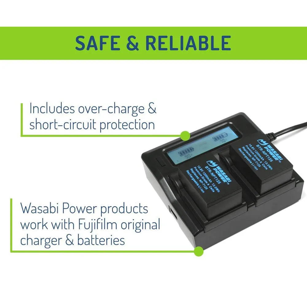 [CLEARANCE] Wasabi Power NP-T125 NPT125 (2 Pack) 10.8V 1200mAh Battery and Dual USB Charger Kit with LCD Display for Fujifilm GFX 50S, GFX 50R, GFX 100, VG-GFX1 Mirrorless Camera