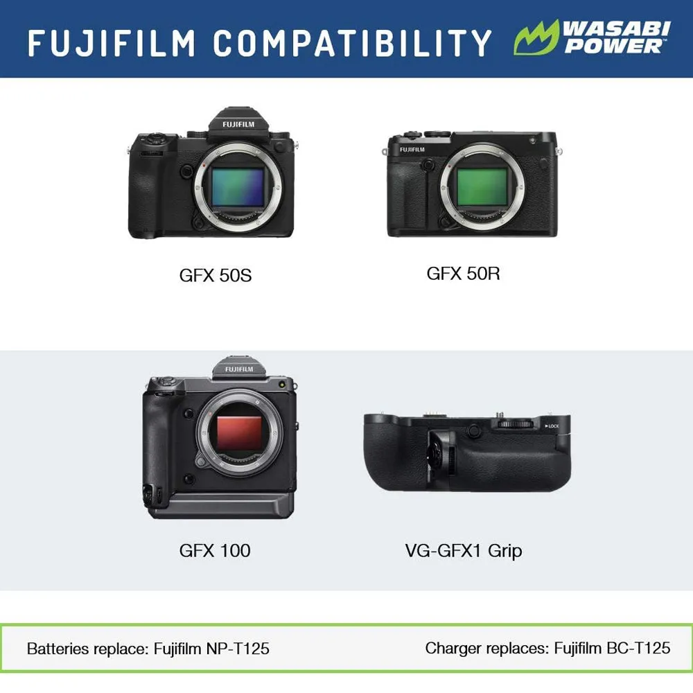 [CLEARANCE] Wasabi Power NP-T125 NPT125 (2 Pack) 10.8V 1200mAh Battery and Dual USB Charger Kit with LCD Display for Fujifilm GFX 50S, GFX 50R, GFX 100, VG-GFX1 Mirrorless Camera