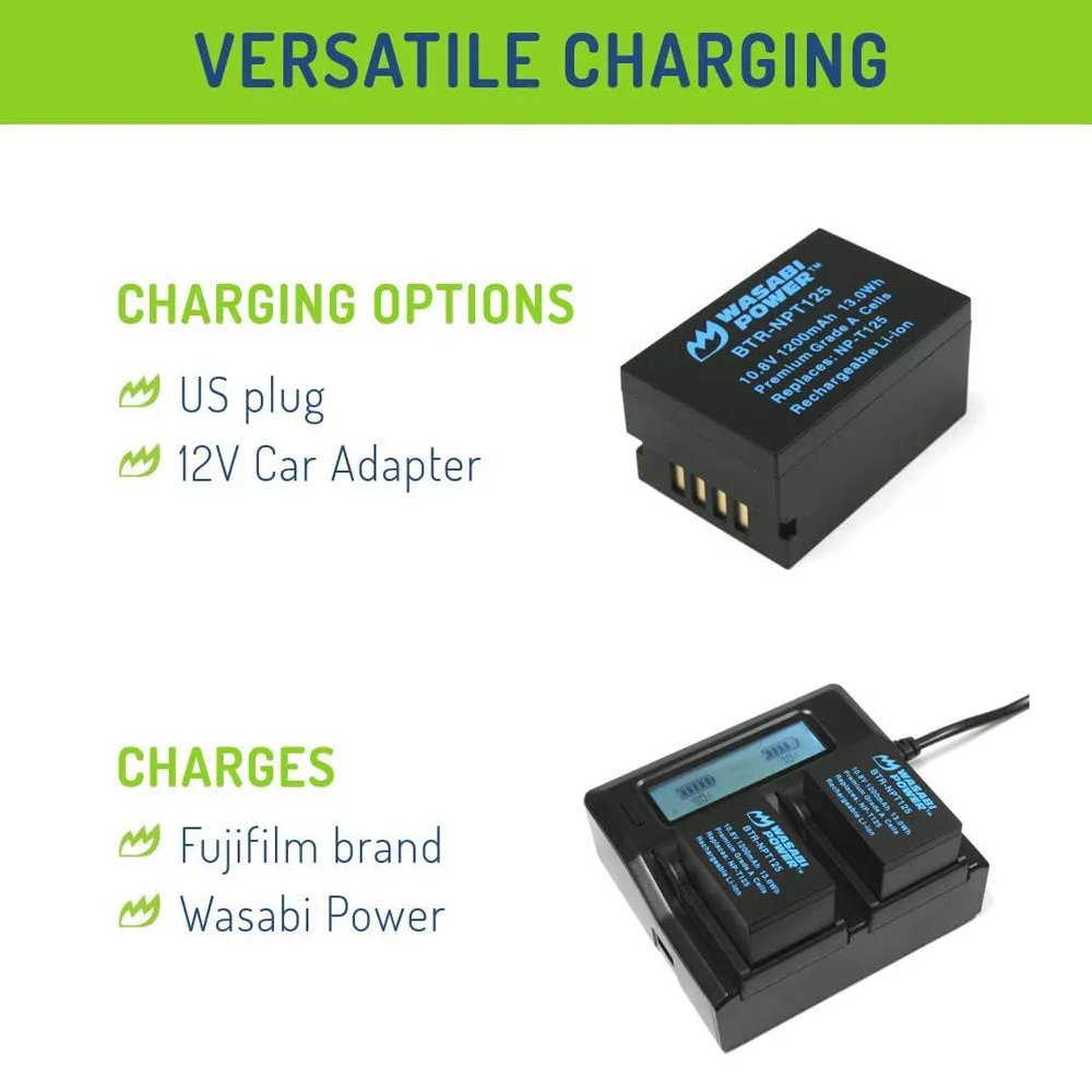 [CLEARANCE] Wasabi Power NP-T125 NPT125 (2 Pack) 10.8V 1200mAh Battery and Dual USB Charger Kit with LCD Display for Fujifilm GFX 50S, GFX 50R, GFX 100, VG-GFX1 Mirrorless Camera