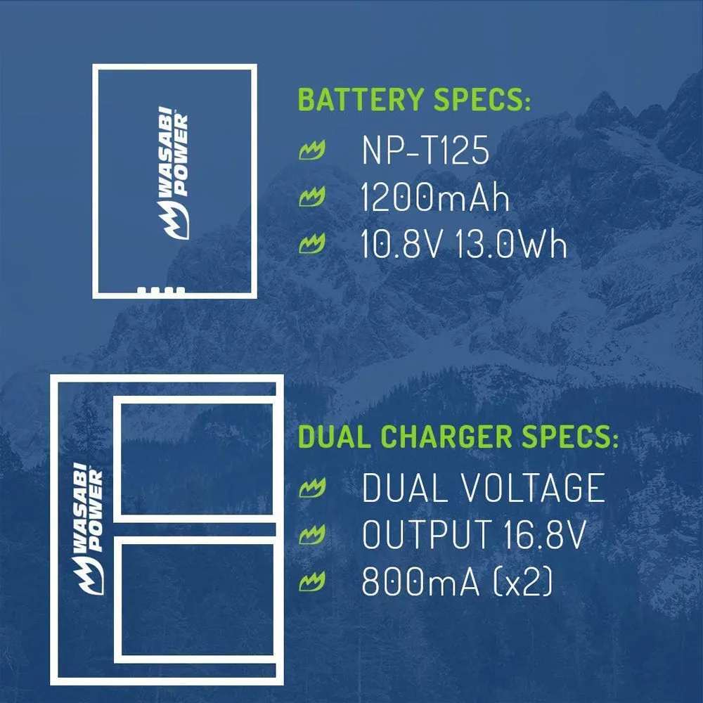 [CLEARANCE] Wasabi Power NP-T125 NPT125 (2 Pack) 10.8V 1200mAh Battery and Dual USB Charger Kit with LCD Display for Fujifilm GFX 50S, GFX 50R, GFX 100, VG-GFX1 Mirrorless Camera