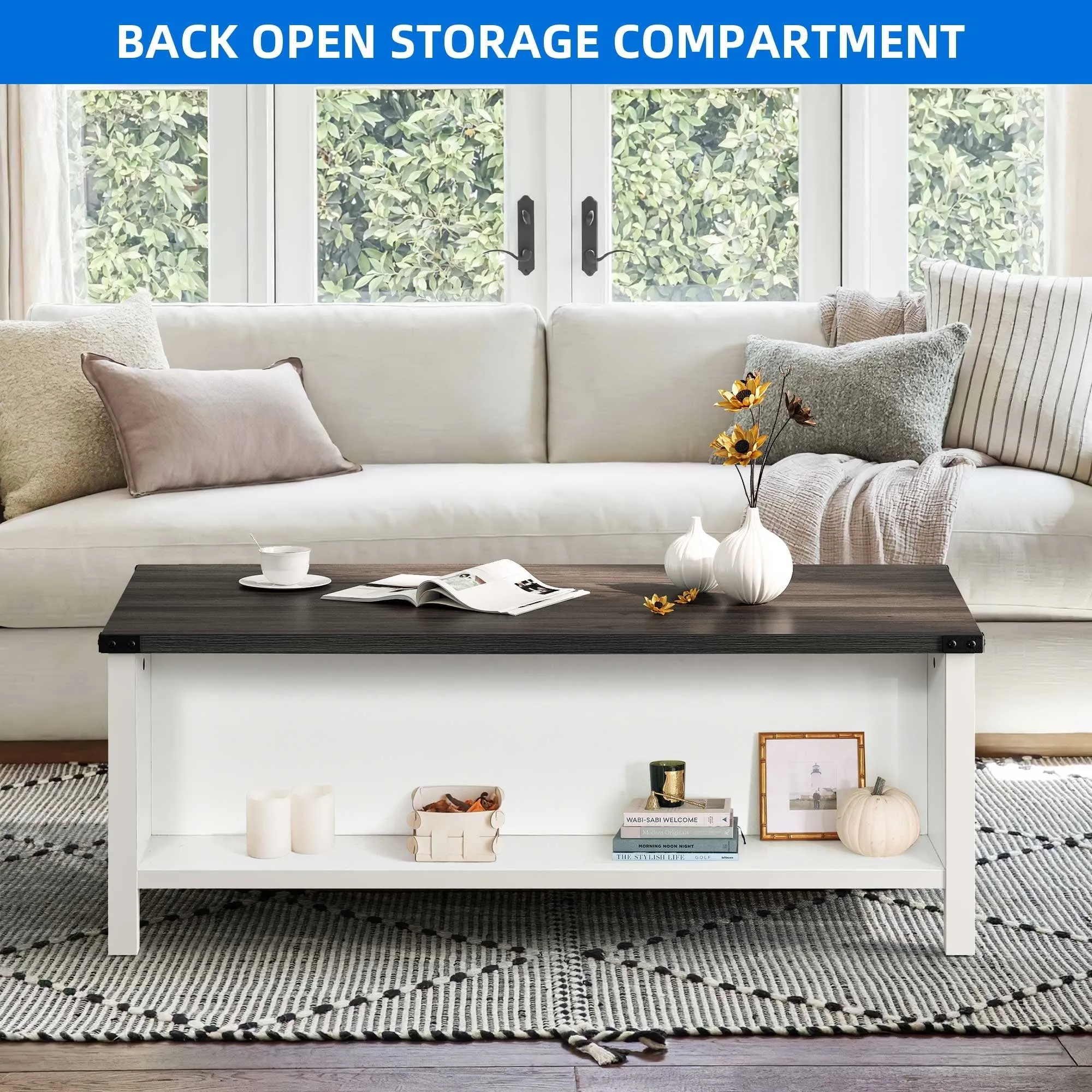 Dextrus Farmhouse Coffee Table with Storage, 2-Tier Storage Open Shelf Rustic Living Room Tables, White & Black