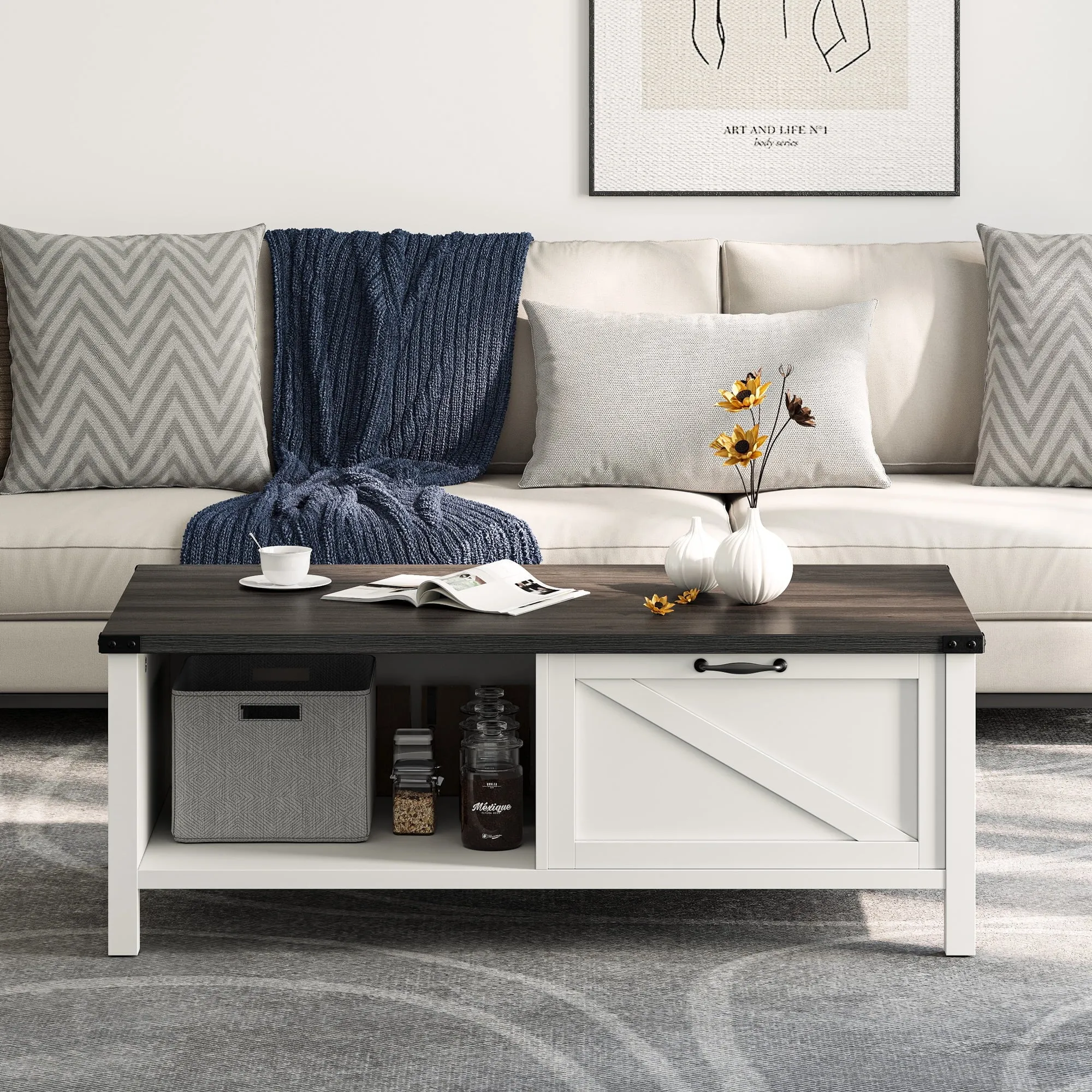 Dextrus Farmhouse Coffee Table with Storage, 2-Tier Storage Open Shelf Rustic Living Room Tables, White & Black