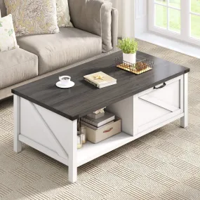 Dextrus Farmhouse Coffee Table with Storage, 2-Tier Storage Open Shelf Rustic Living Room Tables, White & Black