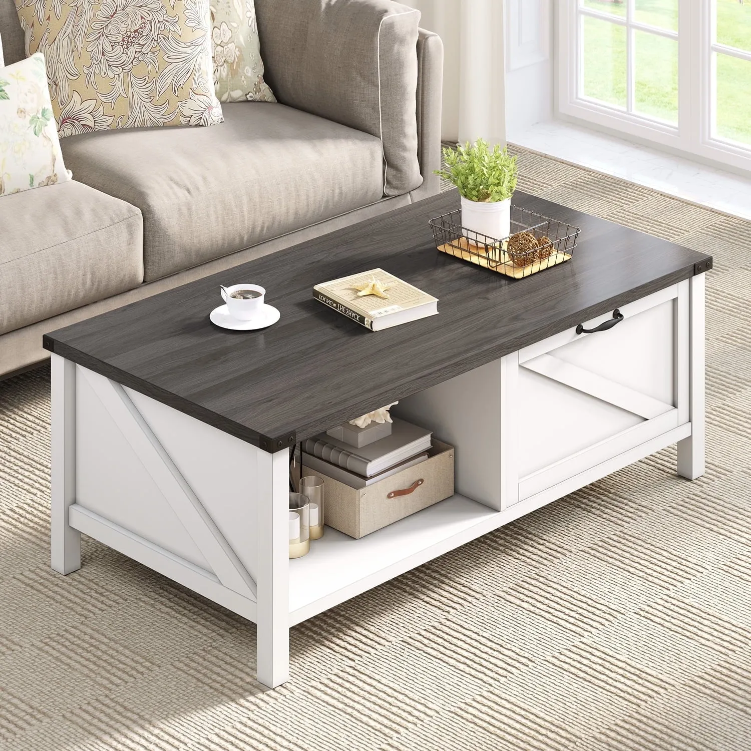Dextrus Farmhouse Coffee Table with Storage, 2-Tier Storage Open Shelf Rustic Living Room Tables, White & Black