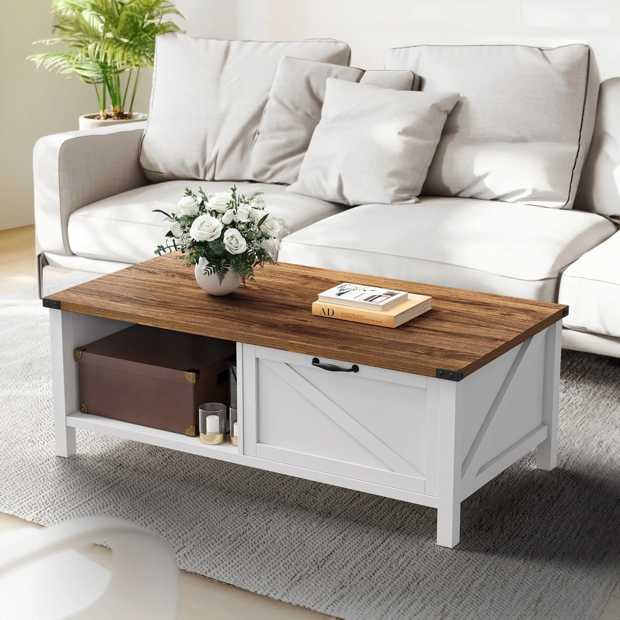Dextrus Farmhouse Coffee Table with Storage, 2-Tier Storage Open Shelf Rustic Living Room Tables, White & Black