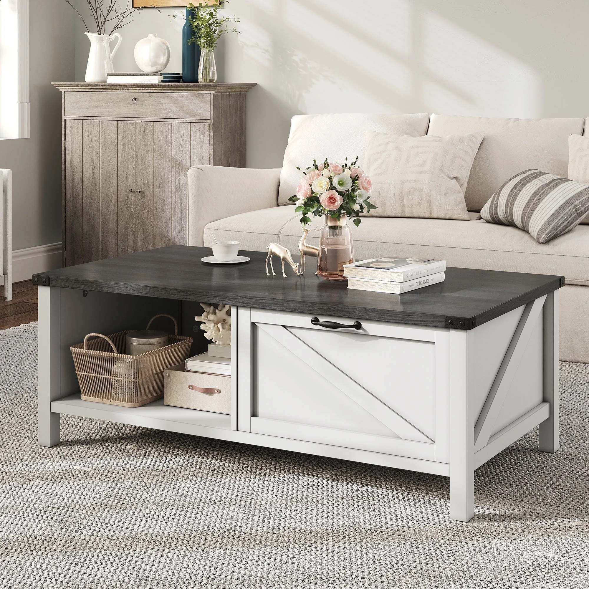 Dextrus Farmhouse Coffee Table with Storage, 2-Tier Storage Open Shelf Rustic Living Room Tables, White & Black
