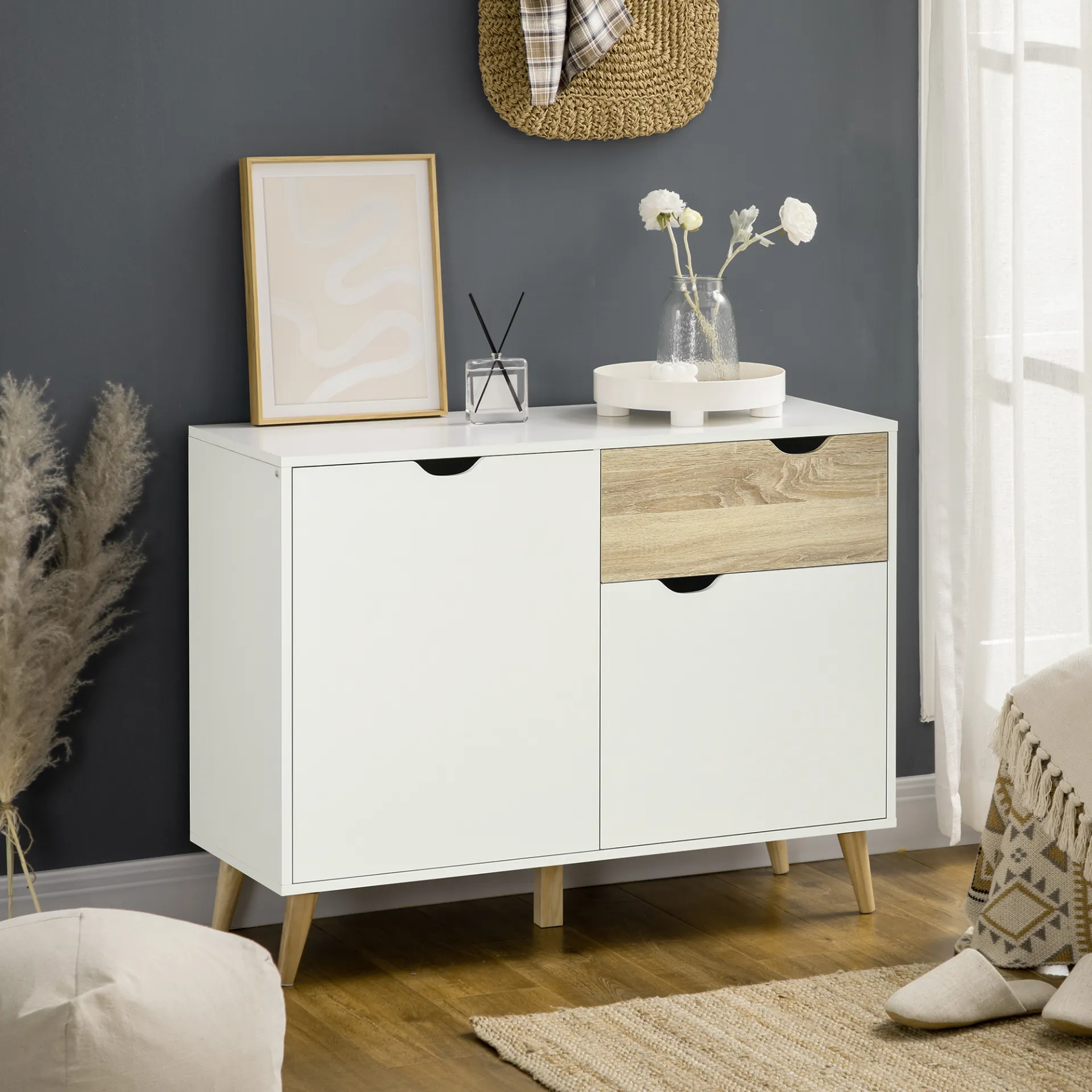 HOMCOM Modern White Sideboard Storage Cabinet with Drawer and 2 Doors for Bedroom, Living Room, and Hallway