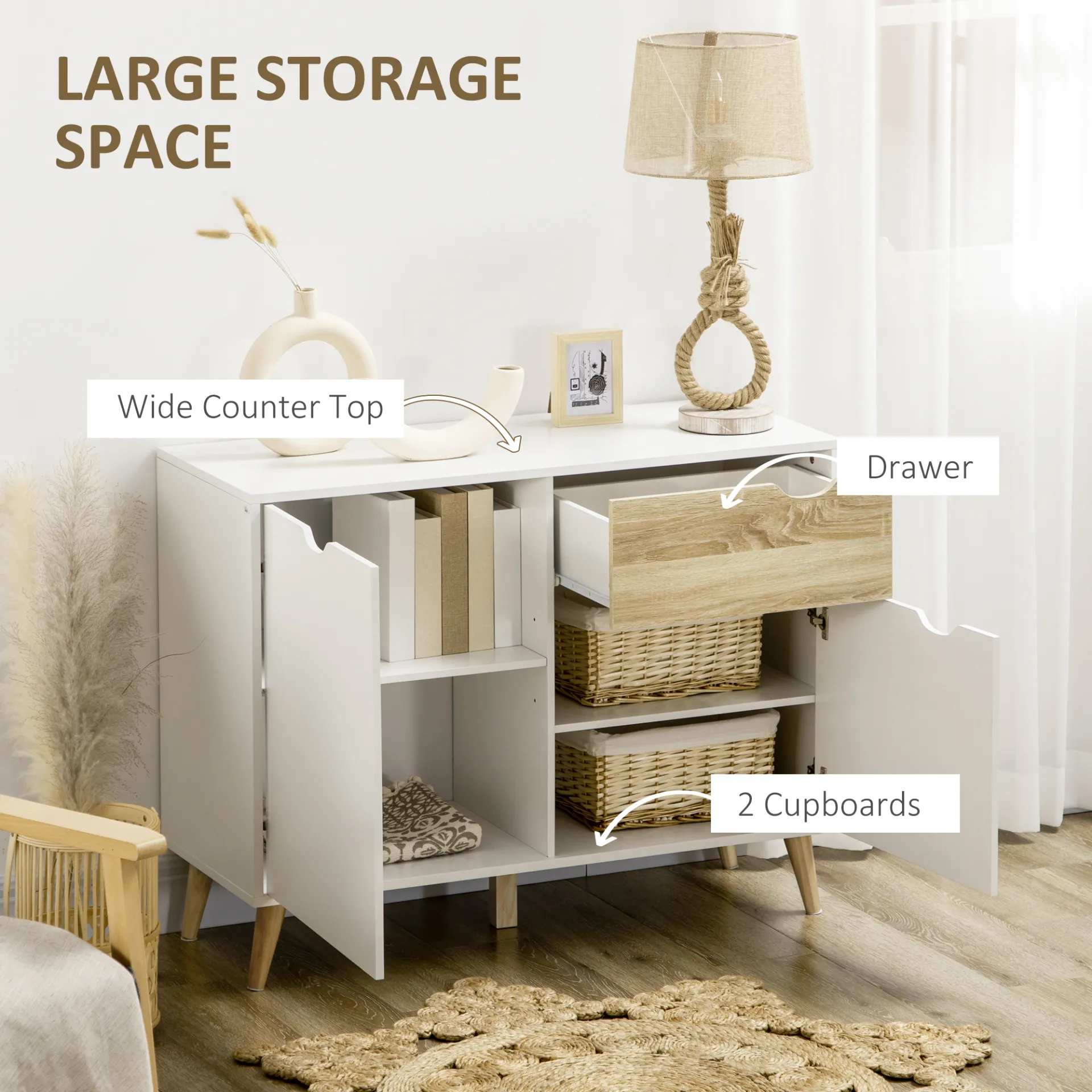 HOMCOM Modern White Sideboard Storage Cabinet with Drawer and 2 Doors for Bedroom, Living Room, and Hallway