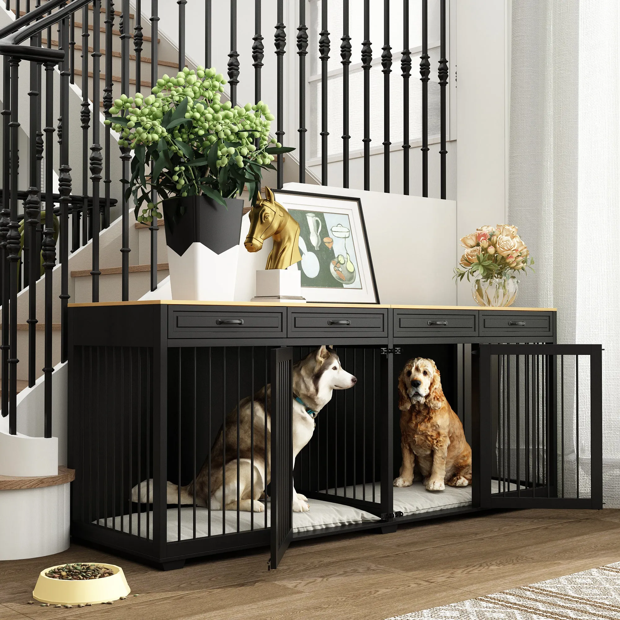 Large Dog Crate Furniture with Divider and 4 Drawers
