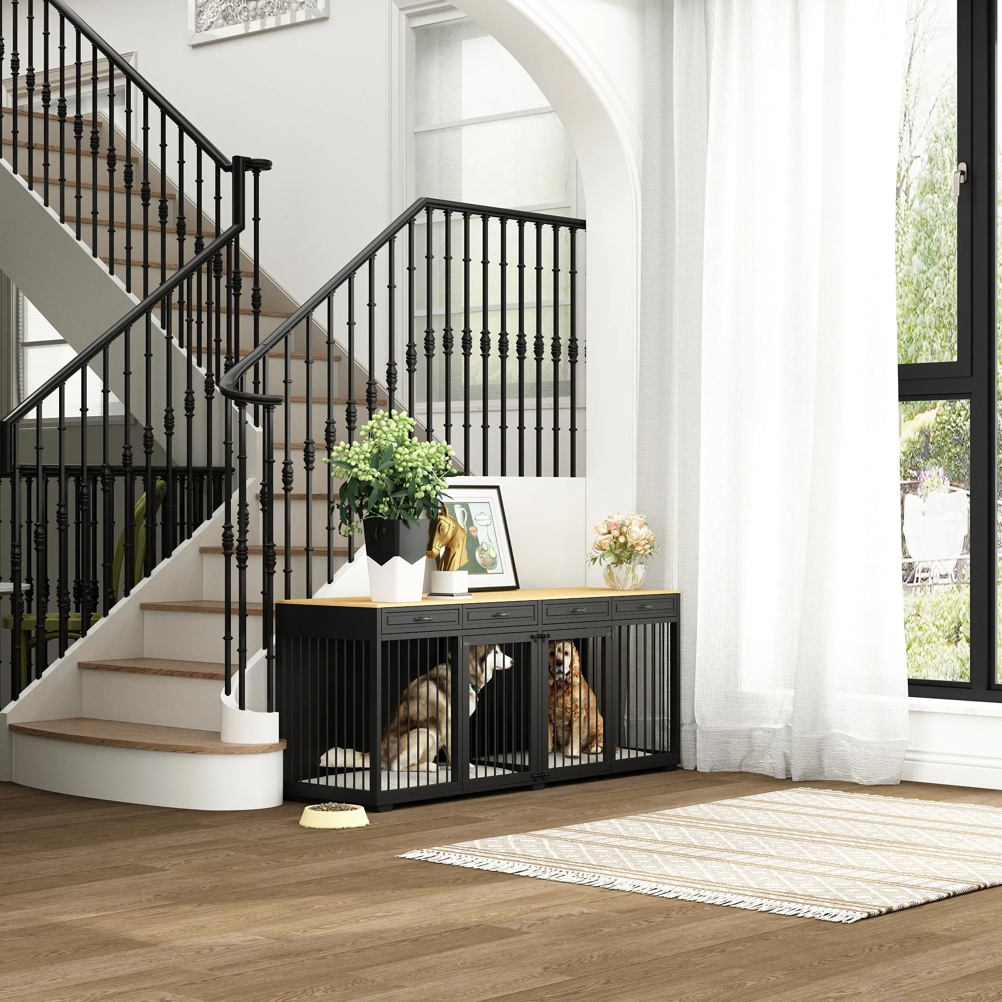 Large Dog Crate Furniture with Divider and 4 Drawers