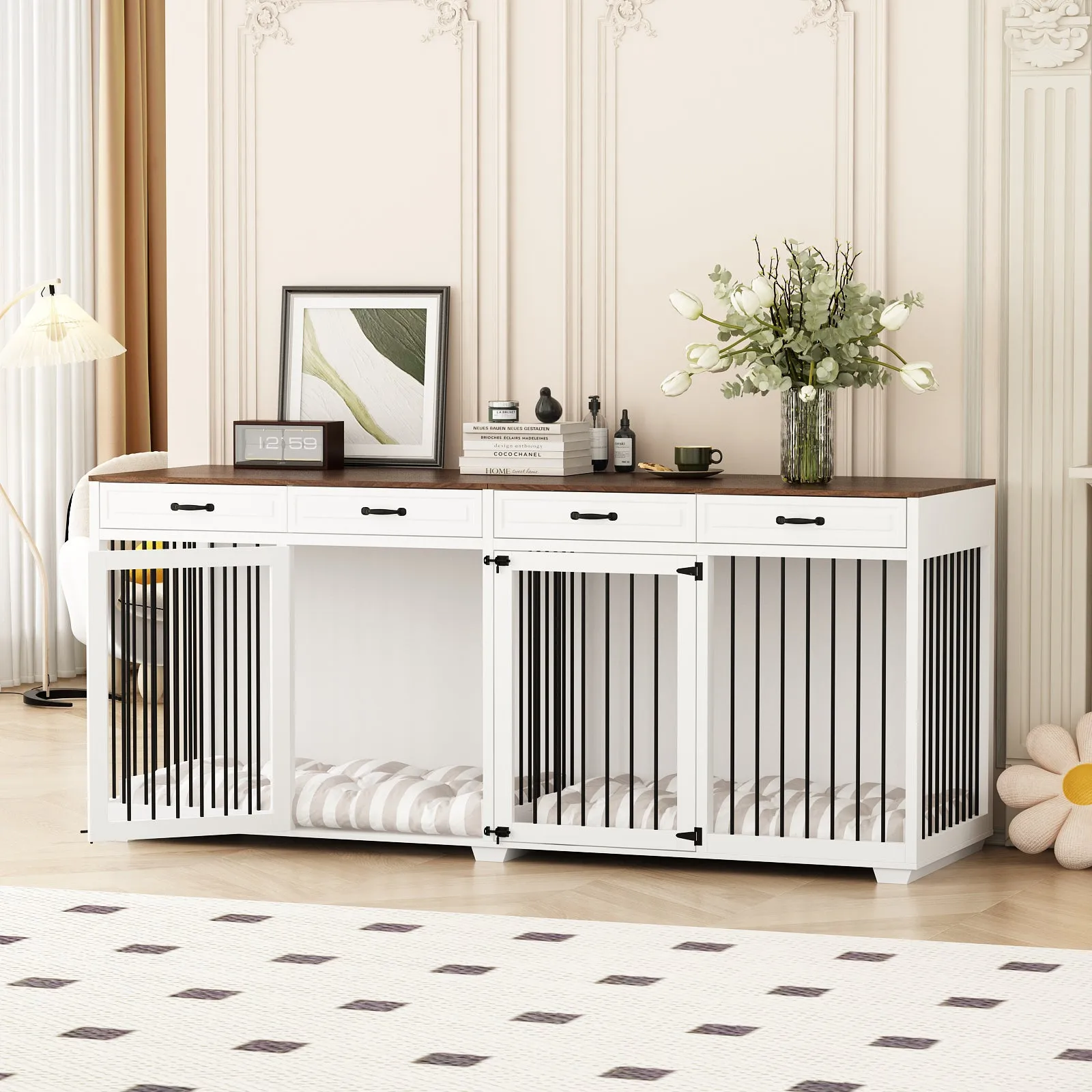 Large Dog Crate Furniture with Divider and 4 Drawers