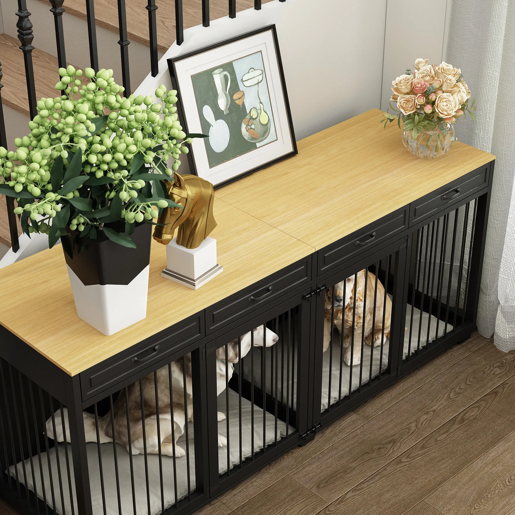 Large Dog Crate Furniture with Divider and 4 Drawers