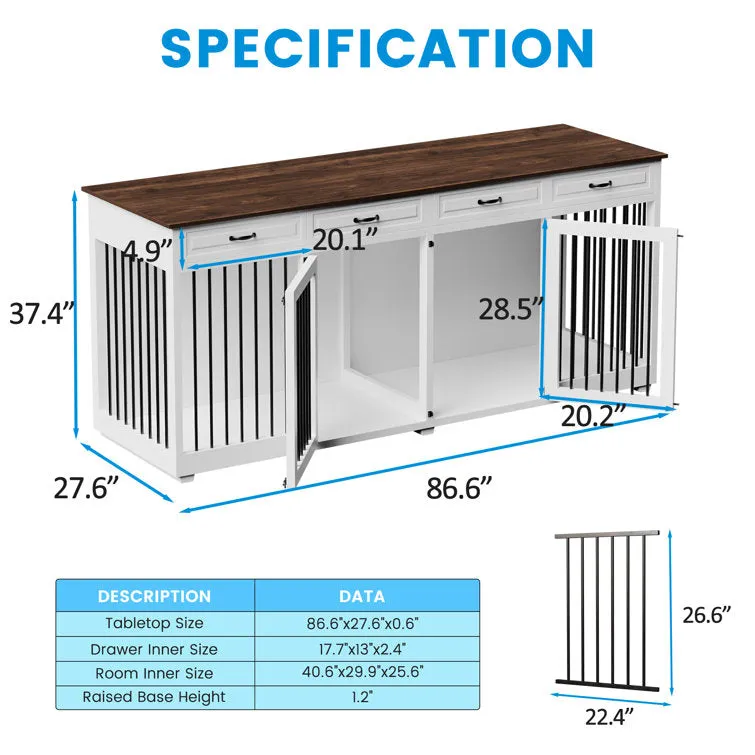 Large Dog Crate Furniture with Divider and 4 Drawers