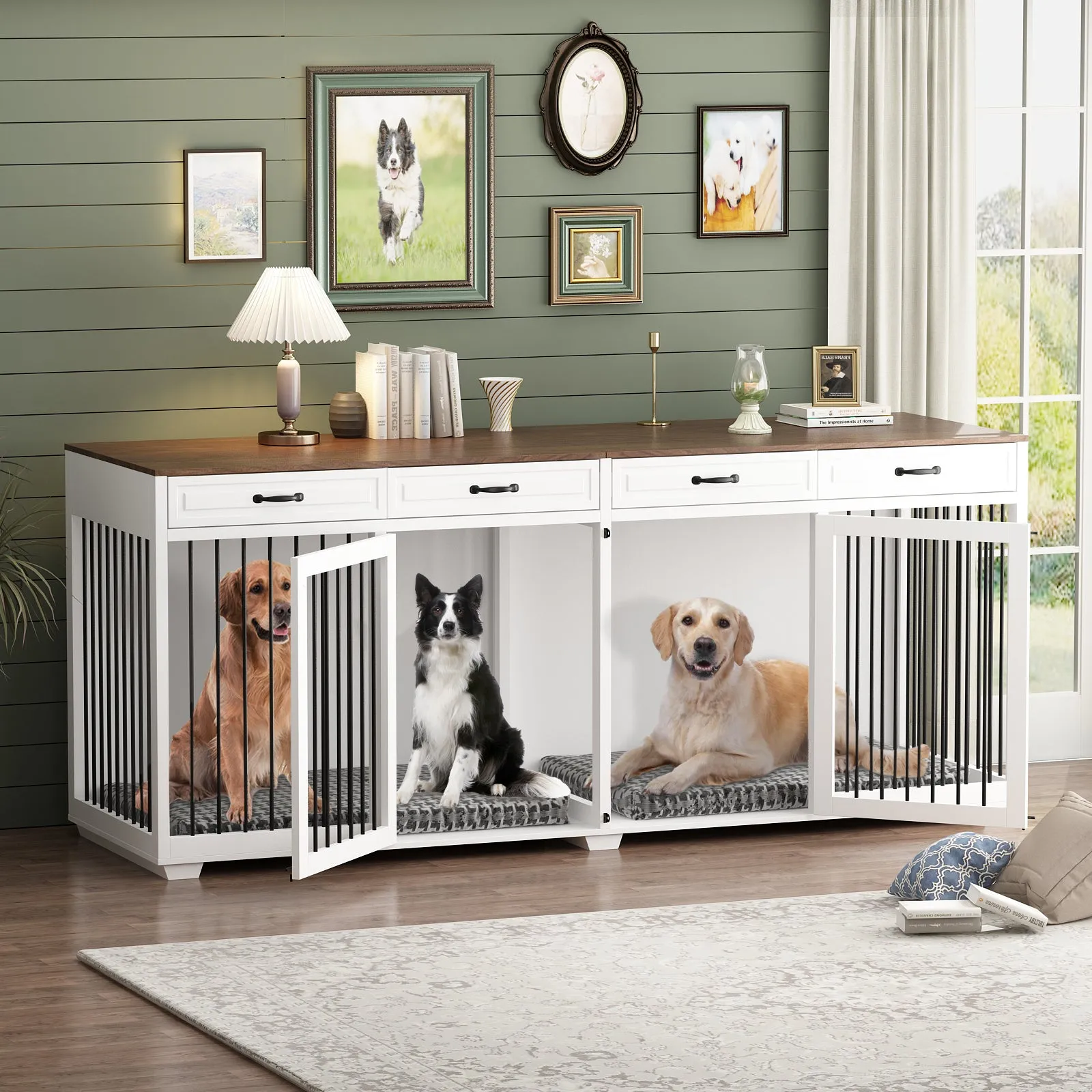 Large Dog Crate Furniture with Divider and 4 Drawers