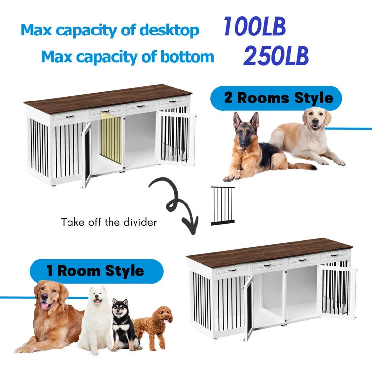 Large Dog Crate Furniture with Divider and 4 Drawers