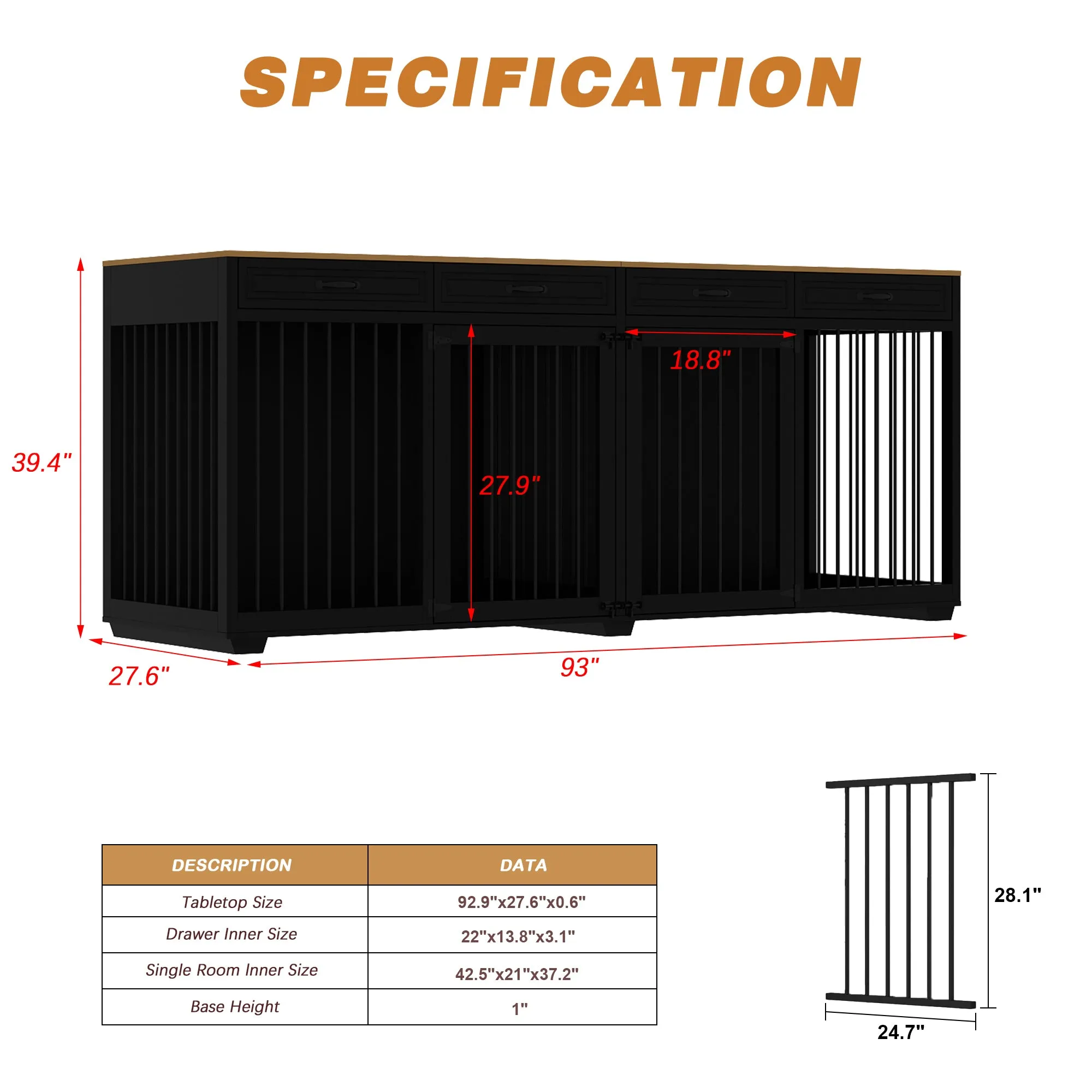 Large Dog Crate Furniture with Divider and 4 Drawers