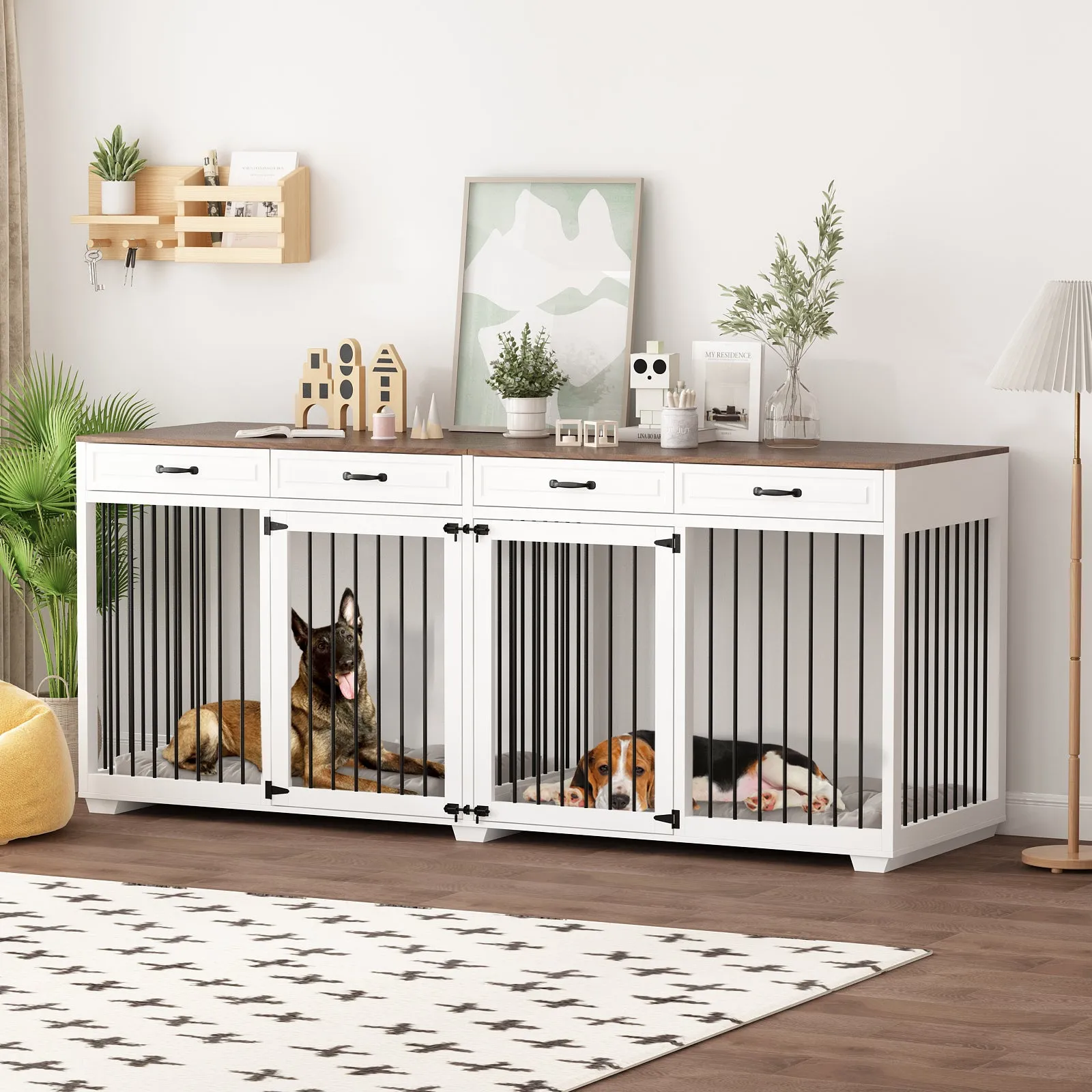 Large Dog Crate Furniture with Divider and 4 Drawers