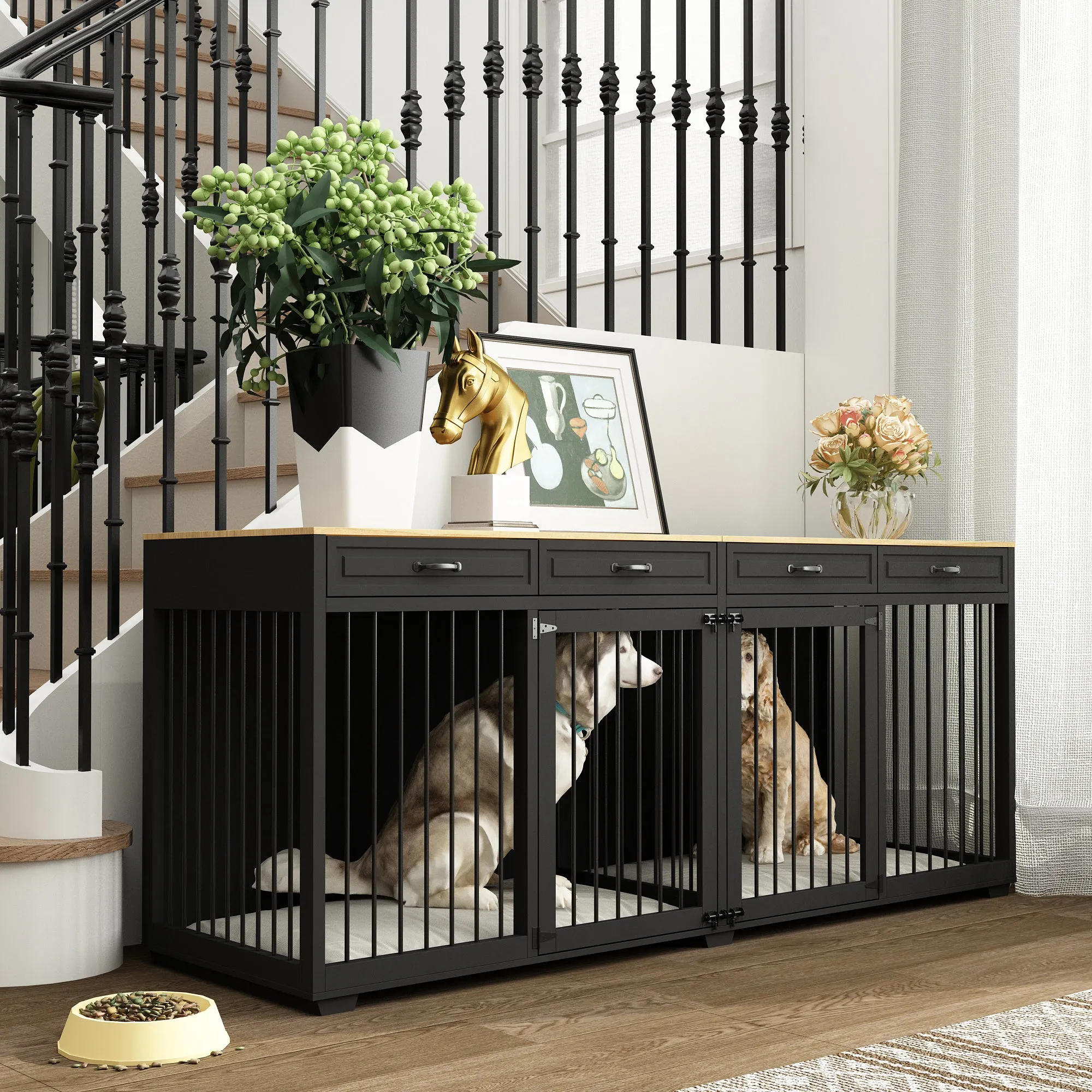 Large Dog Crate Furniture with Divider and 4 Drawers