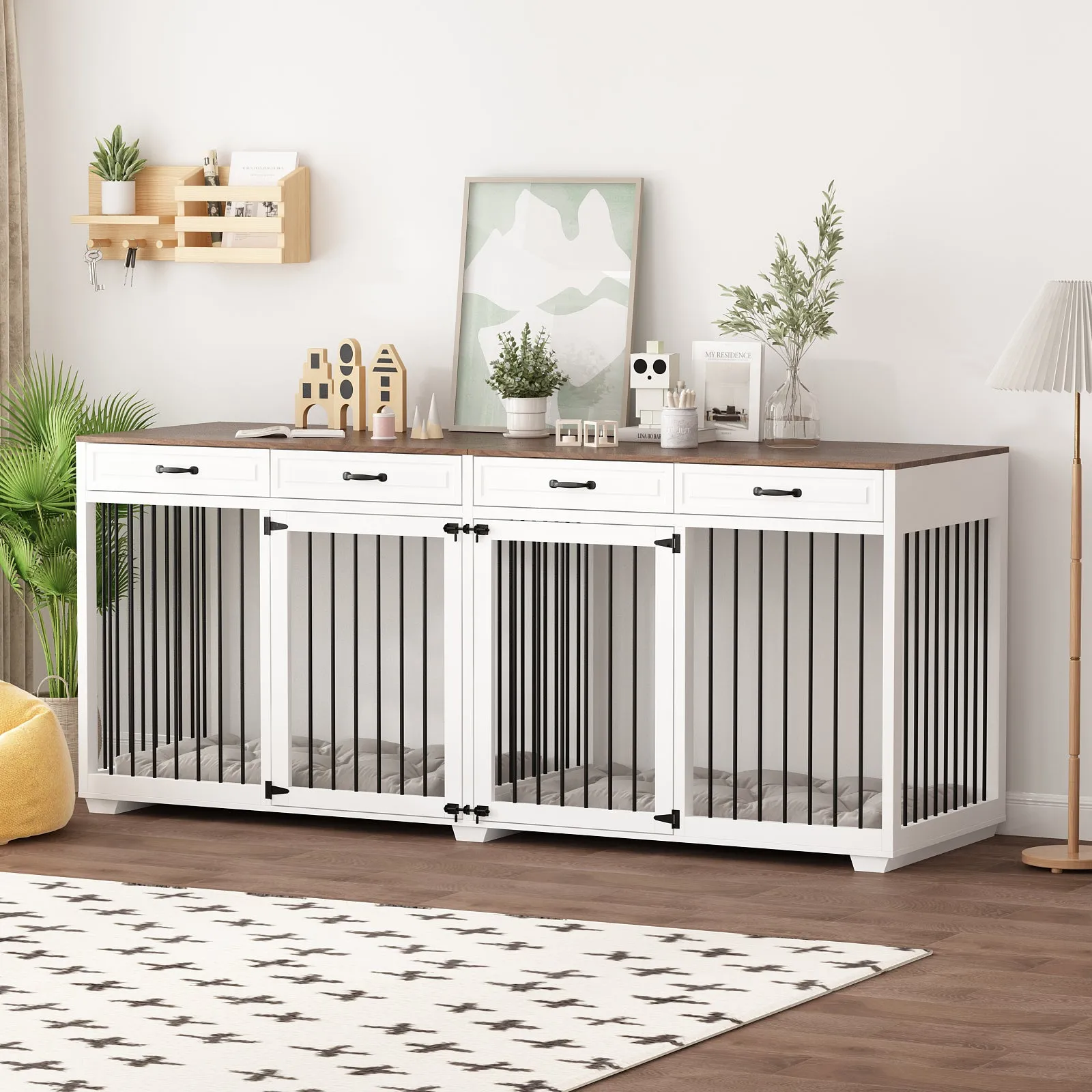 Large Dog Crate Furniture with Divider and 4 Drawers