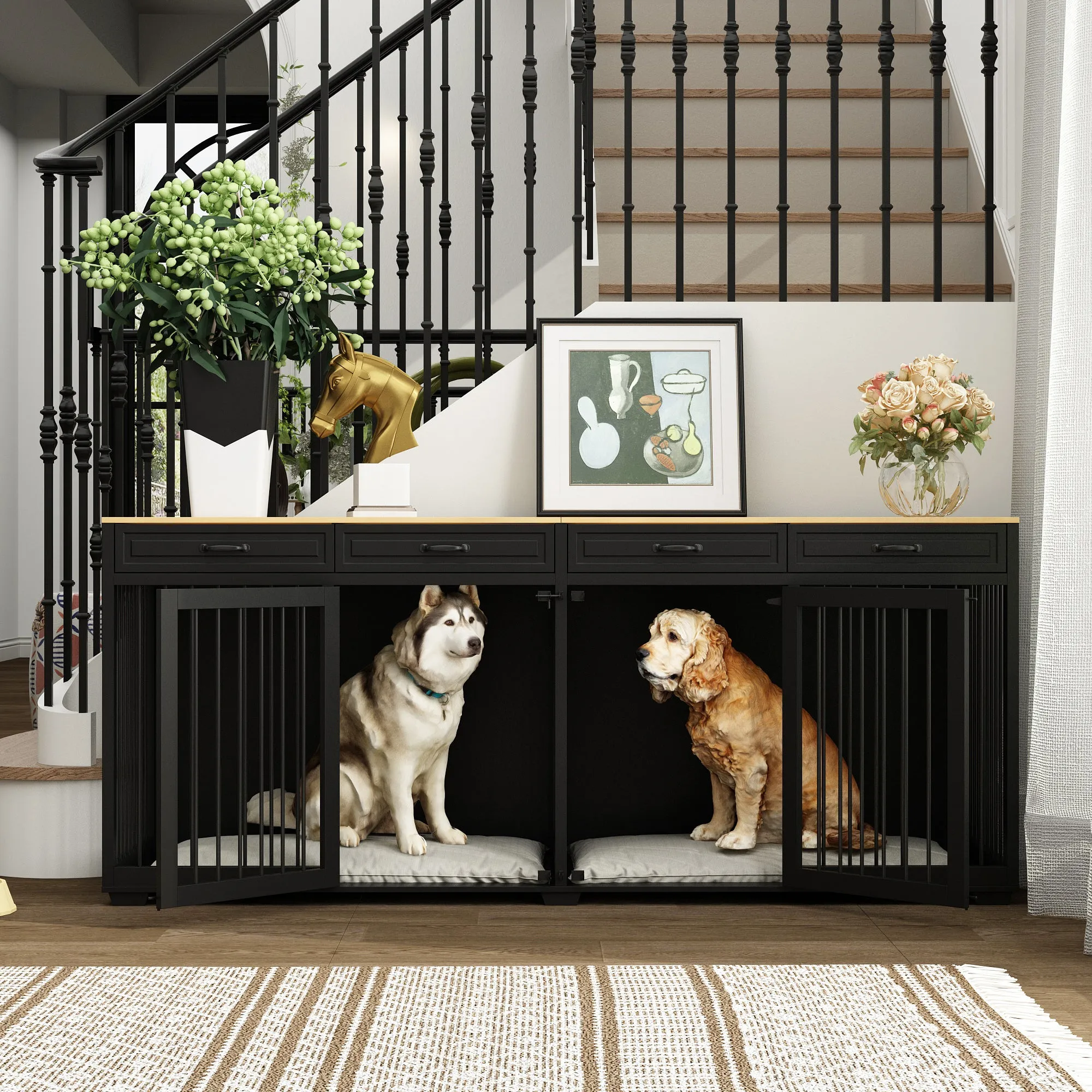 Large Dog Crate Furniture with Divider and 4 Drawers
