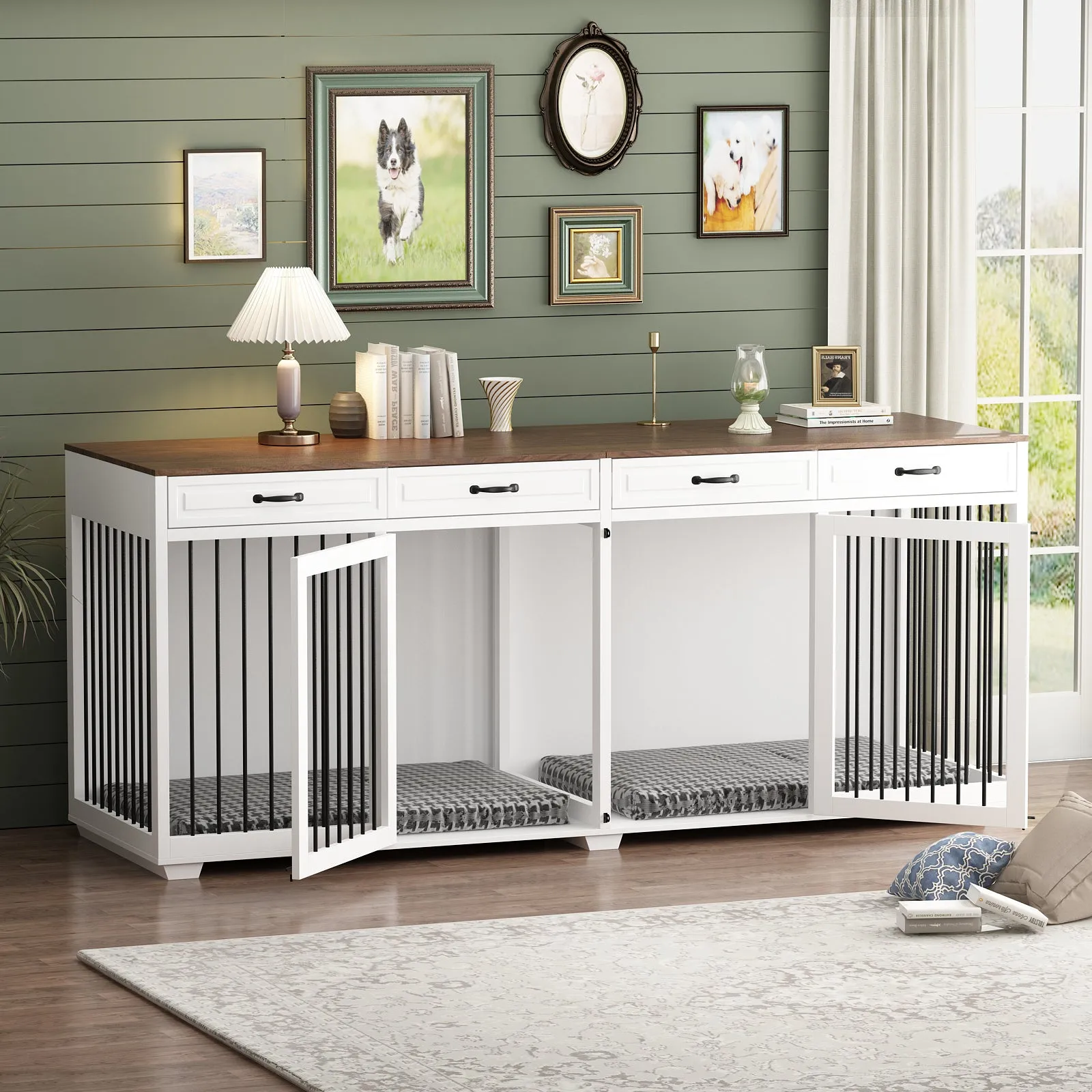Large Dog Crate Furniture with Divider and 4 Drawers