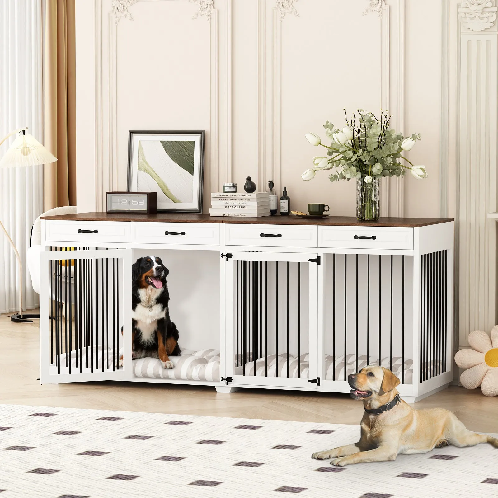 Large Dog Crate Furniture with Divider and 4 Drawers