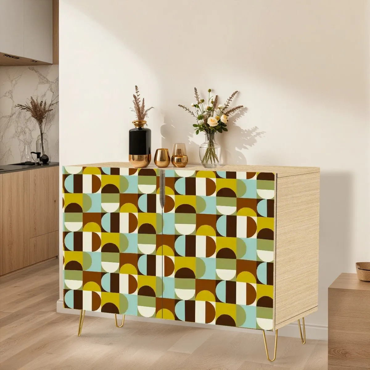 Mid Century Modern Wooden Storage Cabinet, Retro Geometric Sideboard, MCM Home Decor Organizer