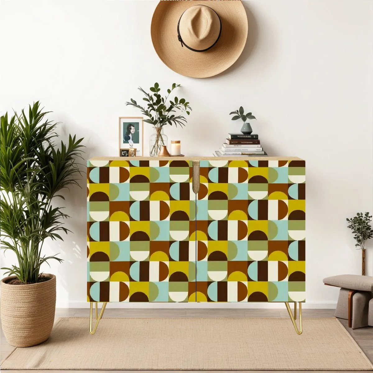 Mid Century Modern Wooden Storage Cabinet, Retro Geometric Sideboard, MCM Home Decor Organizer