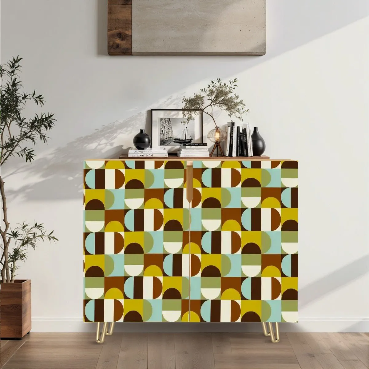 Mid Century Modern Wooden Storage Cabinet, Retro Geometric Sideboard, MCM Home Decor Organizer