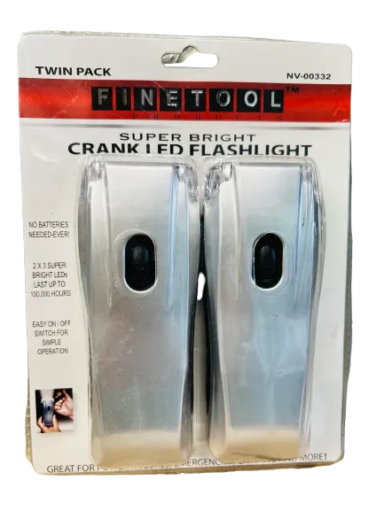 NEW FineTool Products Super Bright Crank LED Flashlight NV-00332 (Twin Pack) NEVER NEEDS BATTERIES JUST CRANK FOR POWER!!