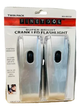 NEW FineTool Products Super Bright Crank LED Flashlight NV-00332 (Twin Pack) NEVER NEEDS BATTERIES JUST CRANK FOR POWER!!