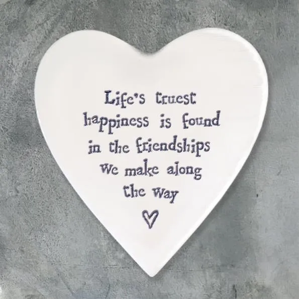 Porcelain Heart Coaster - Life's Truest Happiness - East Of India - 10x11x0.5cms