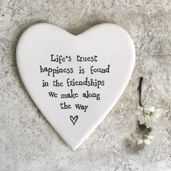 Porcelain Heart Coaster - Life's Truest Happiness - East Of India - 10x11x0.5cms