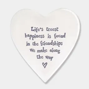 Porcelain Heart Coaster - Life's Truest Happiness - East Of India - 10x11x0.5cms