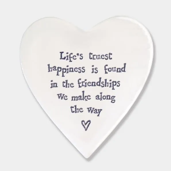 Porcelain Heart Coaster - Life's Truest Happiness - East Of India - 10x11x0.5cms